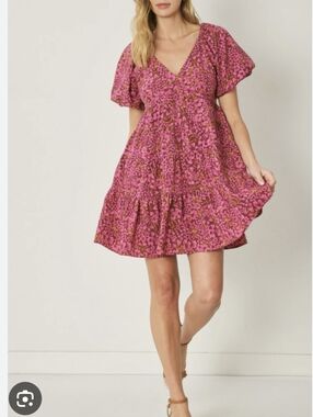 NWOT Entro Floral Burgandy Bubble Sleeve Mini Dress Size Medium